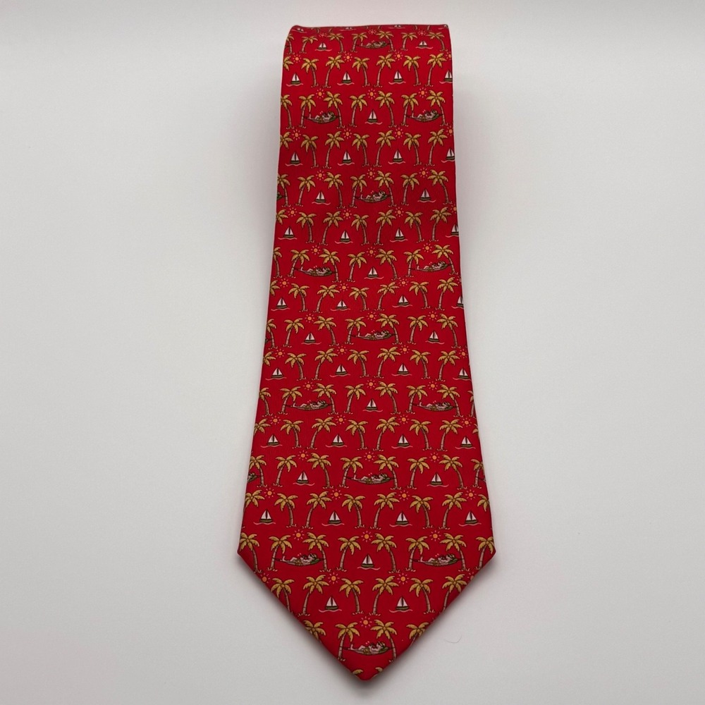 Vintage Salvatore Ferragamo Red Palm Tree Sailboat Silk Tie Made in Italy 59"